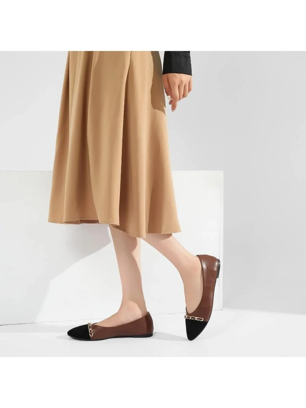 Women's Brown Crimping Suede Ballet Flats Pointed Toe Comfortable Dress Shoes